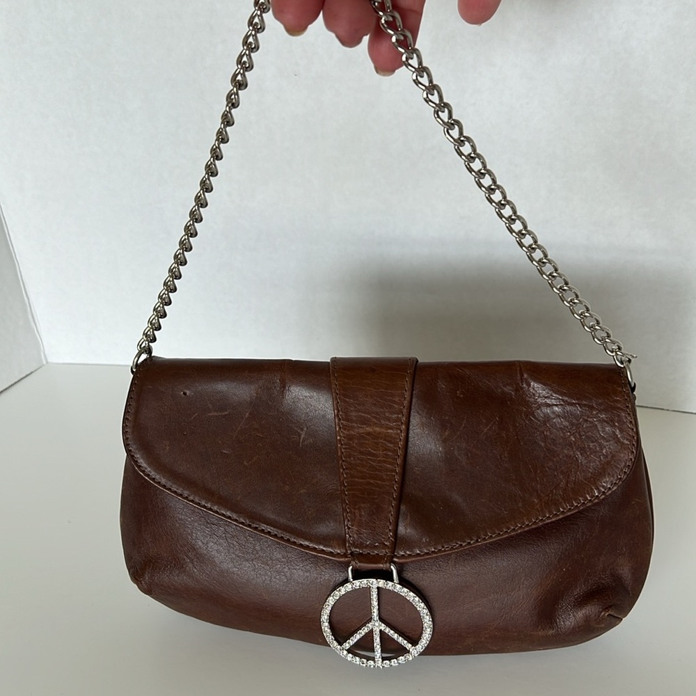 ❤️ Vintage Sherry Wolf Crystal Peace Sign Leather Convertible Clutch Bag w/Chain - Picture 3 of 15